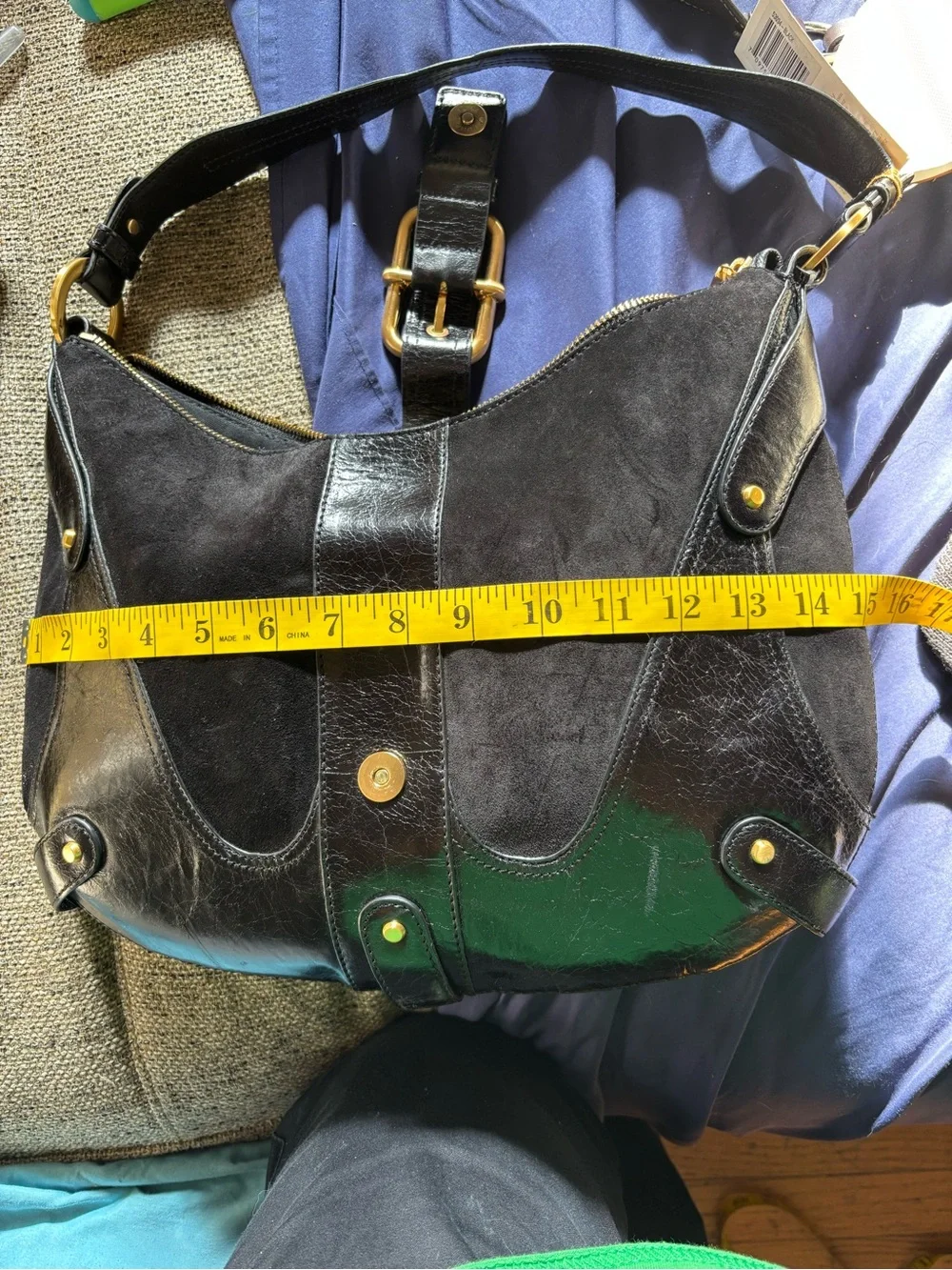 Perlina Black Suede and Leather Shoulder Bag with Gold Buckle
